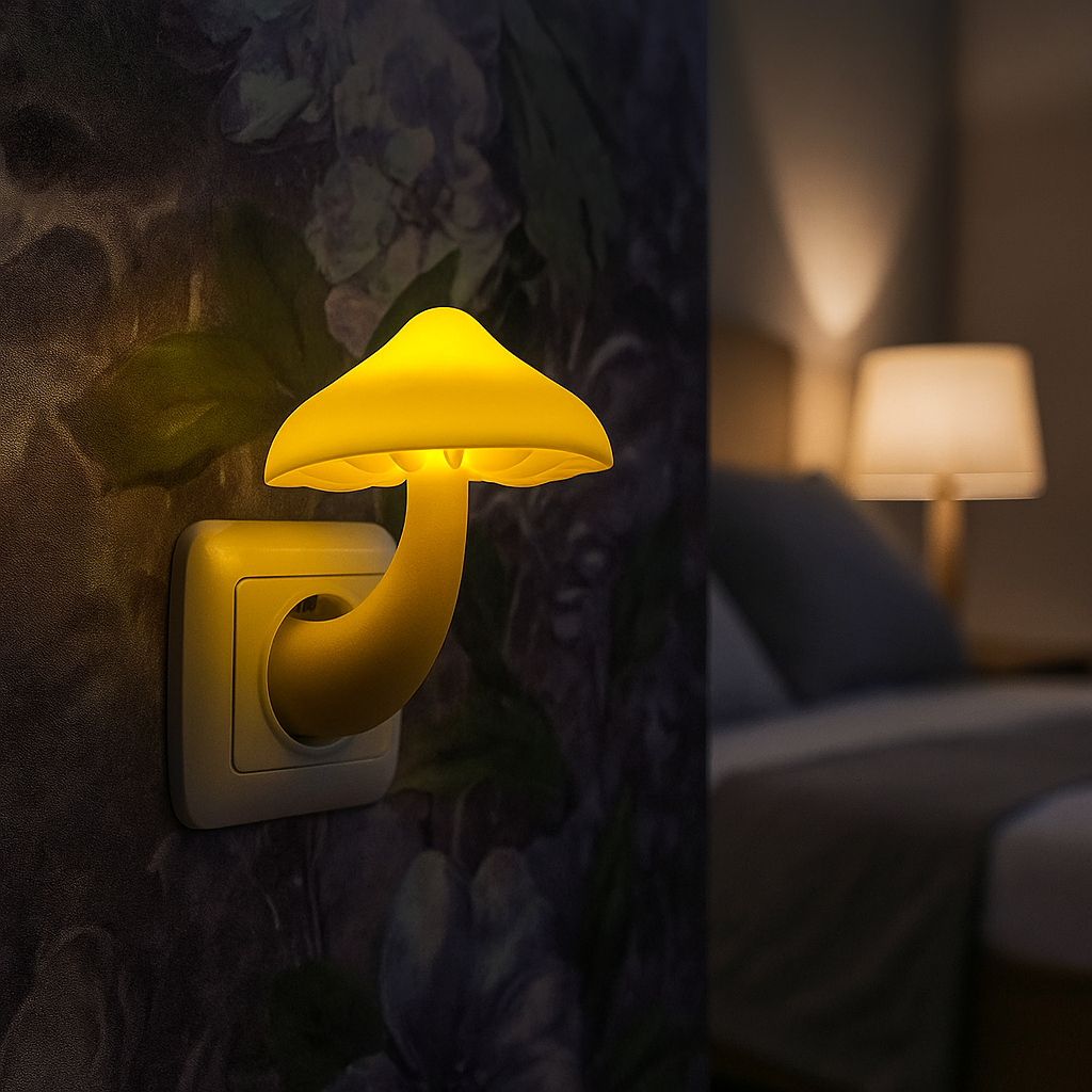 Mushroom-shaped night light attached to a wall in a dimly lit room.