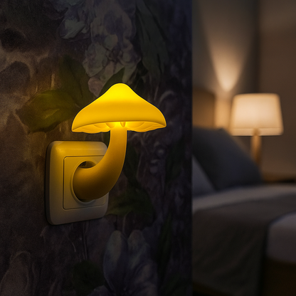 Mushroom-shaped night light attached to a wall in a dimly lit room.